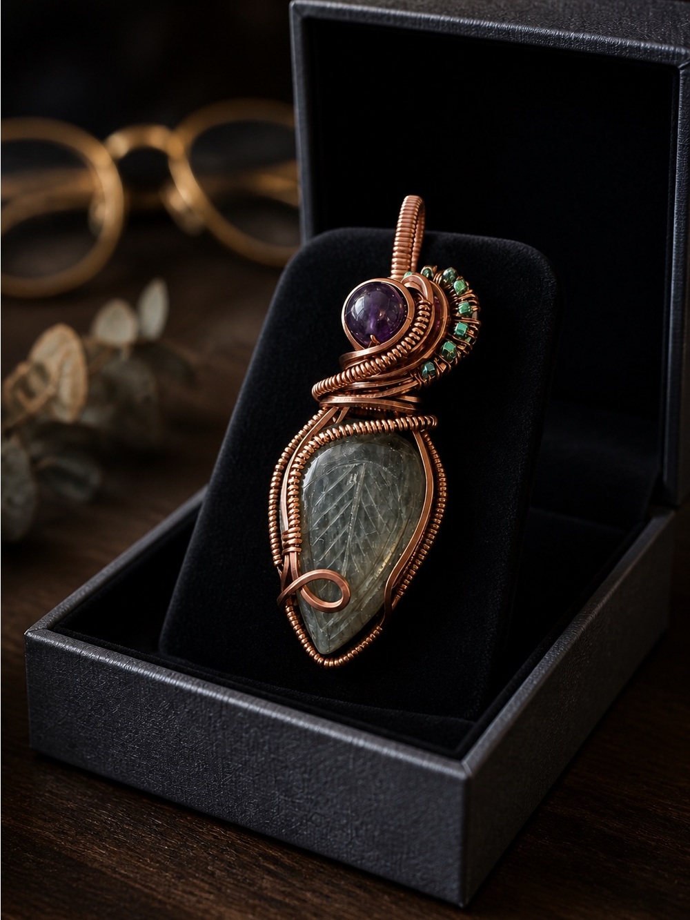 Handmade Copper Wire Wrapped Pendant with Blue Green Labradorite and Amethyst